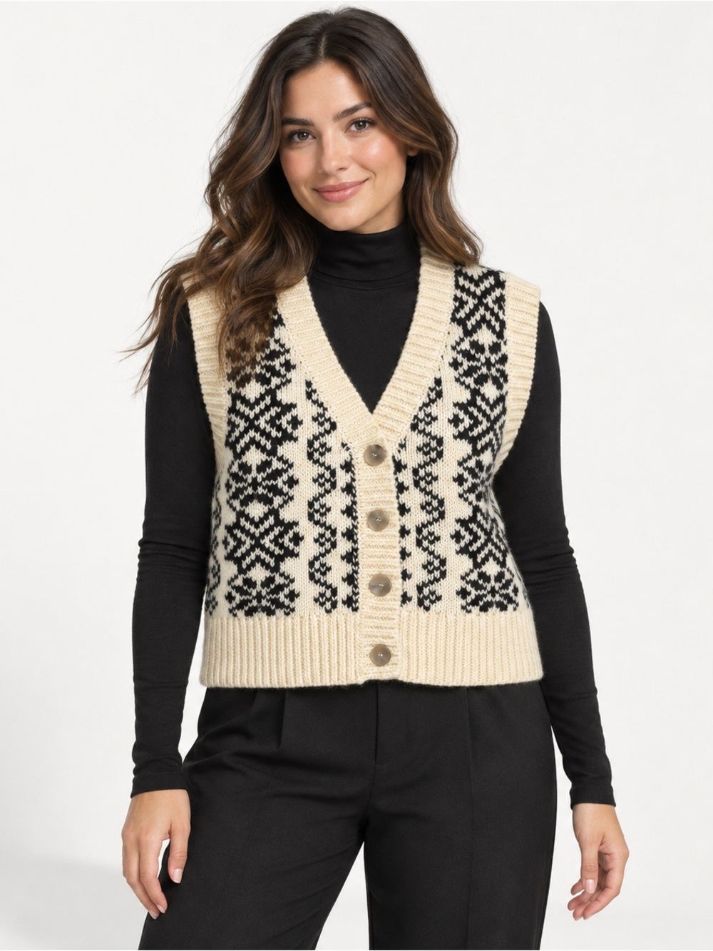 Zara Fair Isle Jacquard Button Front Sweater Vest Cream Black Medium